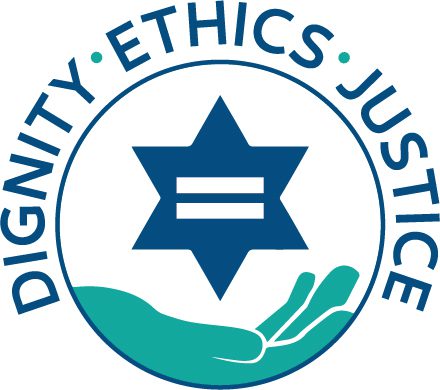 A blue and white logo with the words dignity ethics justice.