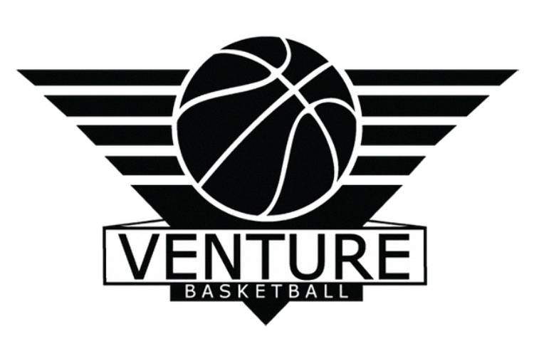 A black and white picture of the venture basketball logo.