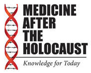 A red and white dna strand with the words medicine after holocaust written underneath.